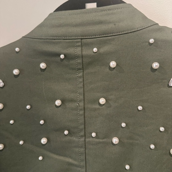 River Island Khaki Pearl & Rhinestone Studded Zip Up Canvas Bomber Jacket Size S - Picture 8 of 12